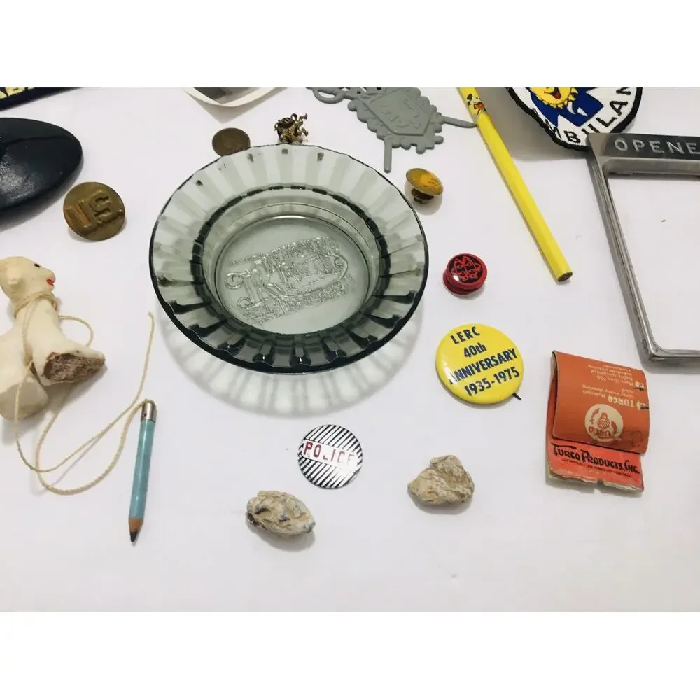 JUNK DRAWER LOT MAP OLD PHOTOS PINS PATCHES BUTTONS STAMPS SPOONS COIN CIVIL WAR